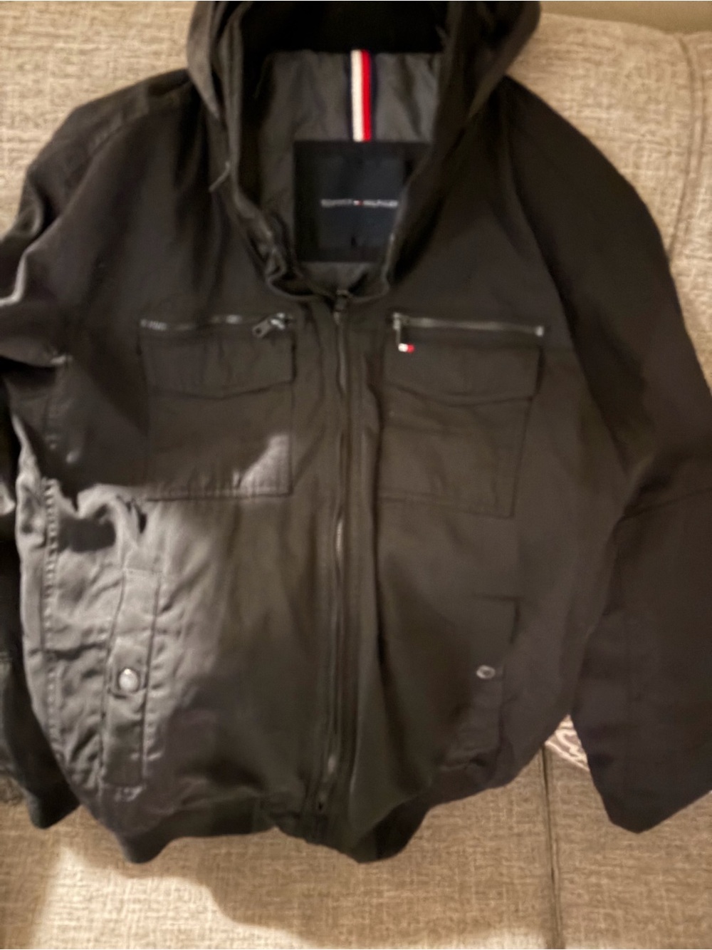 Tommy Hilfiger Black Hooded winter coat with Chest Pockets
